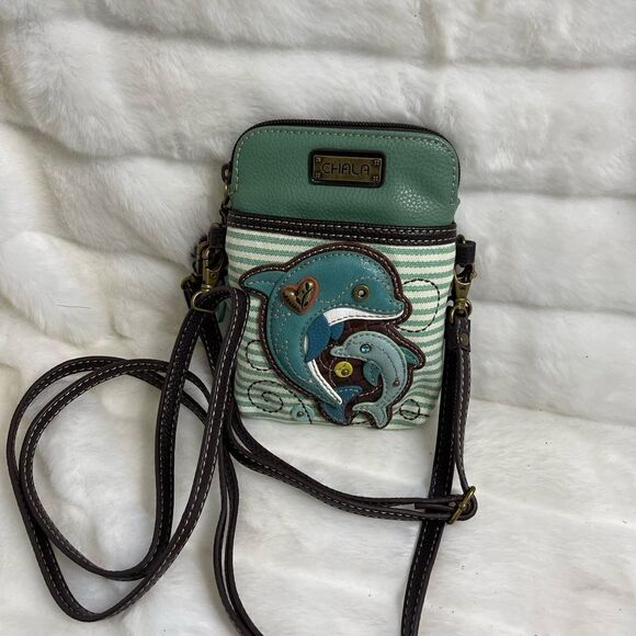 CHALA Dolphins cellphone crossbody/handbag blue,green and beige brown tr… - Picture 1 of 8
